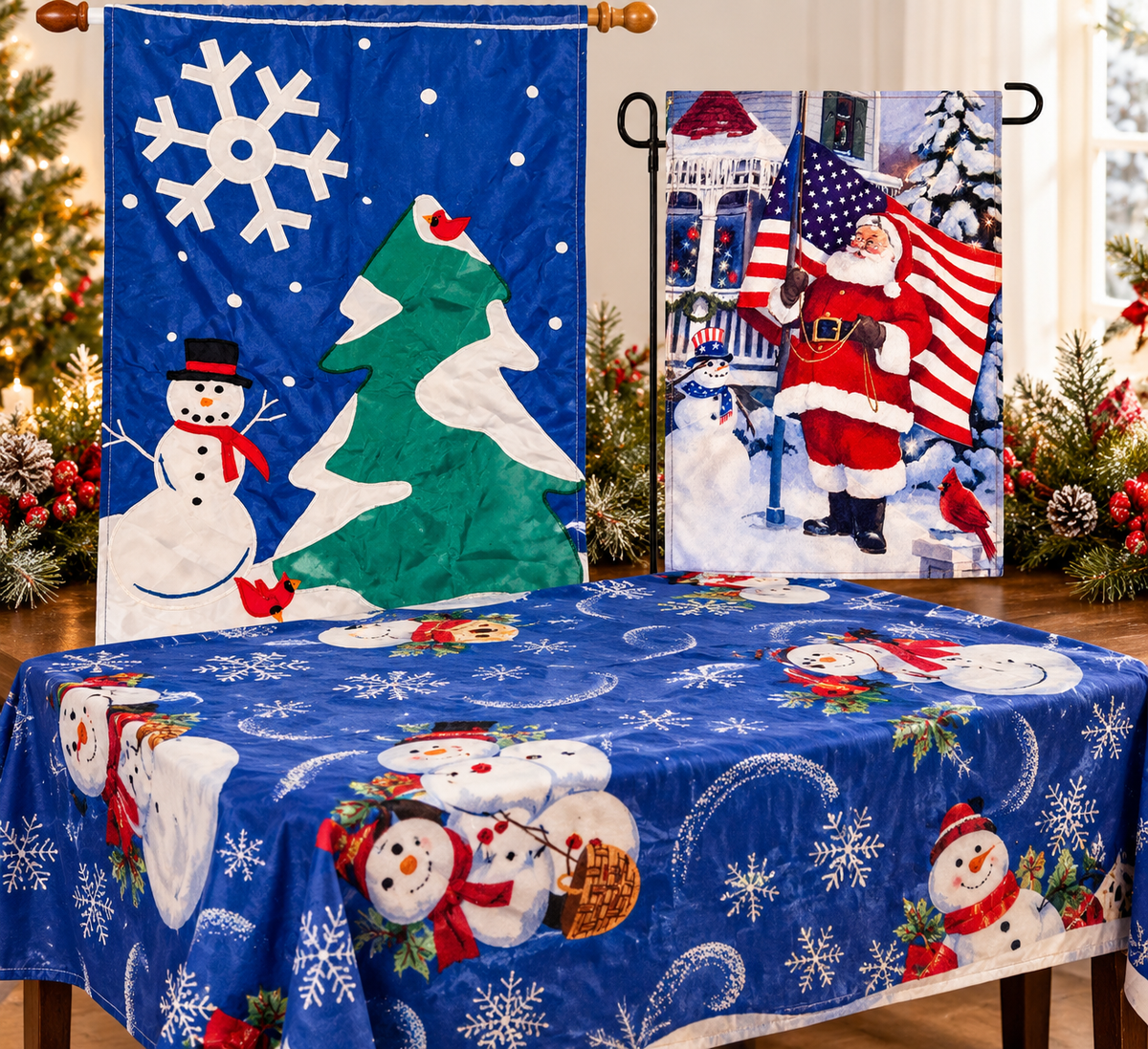 Deluxe Christmas & Winter Home Décor Bundle – 3-Piece Flag & Tableclot ...