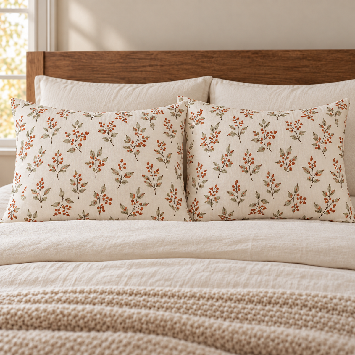 AI-generated concept mockup of two botanical fall pillowcases