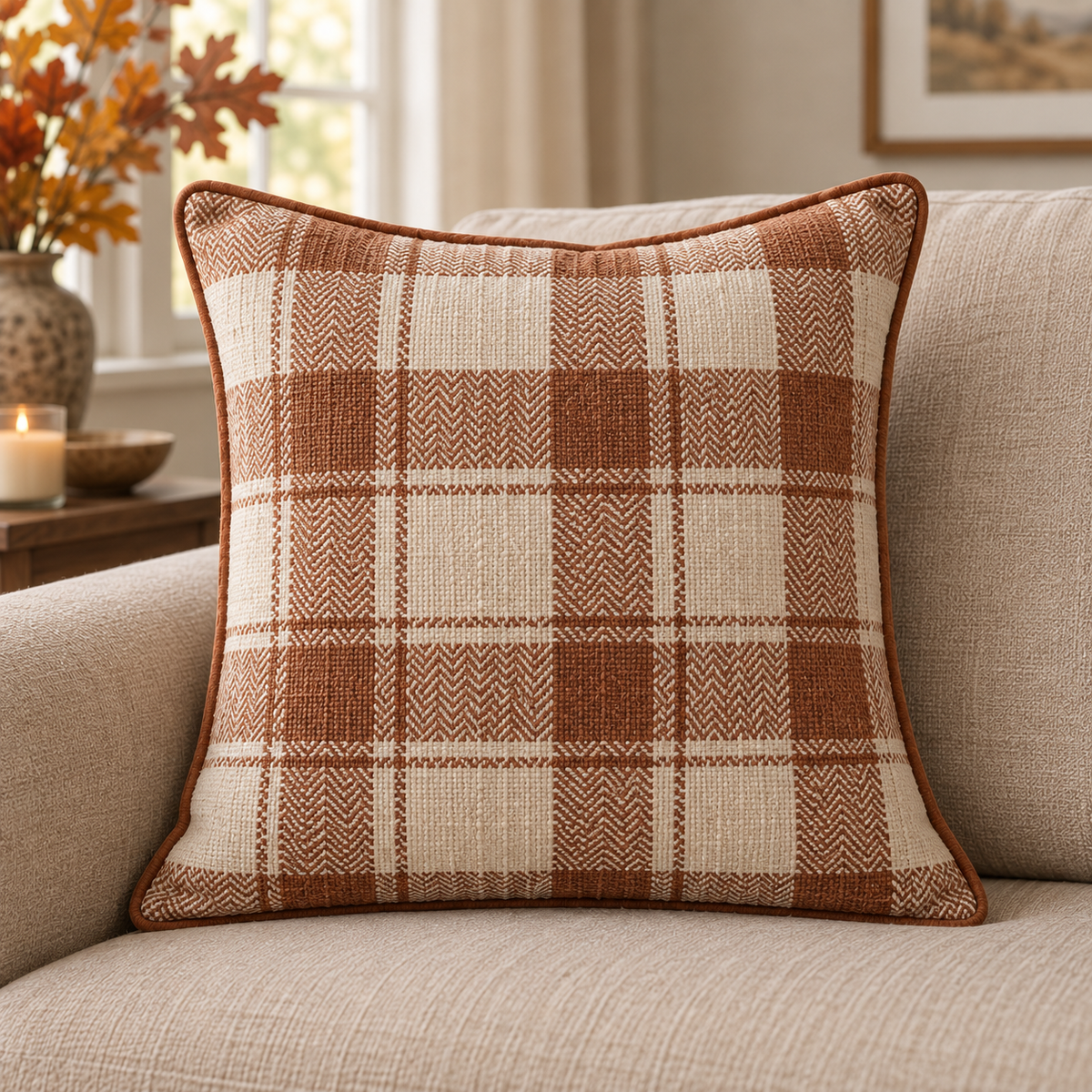 AI-generated concept mockup of a cream and rust fall plaid throw pillow