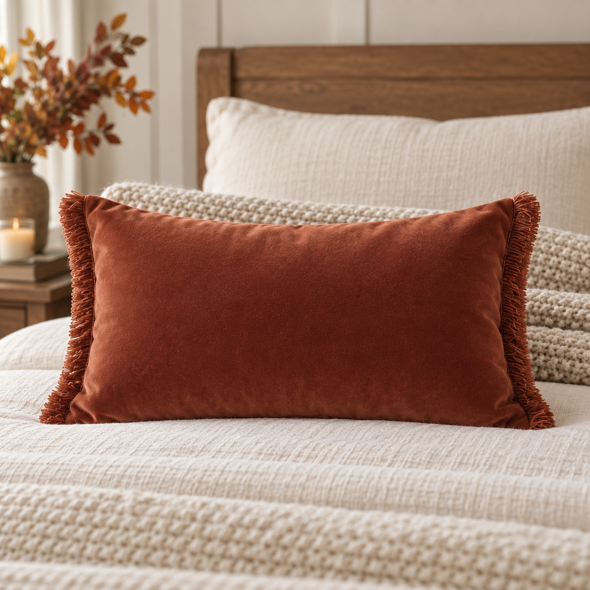 AI-generated concept mockup of a rust-colored fall lumbar pillow