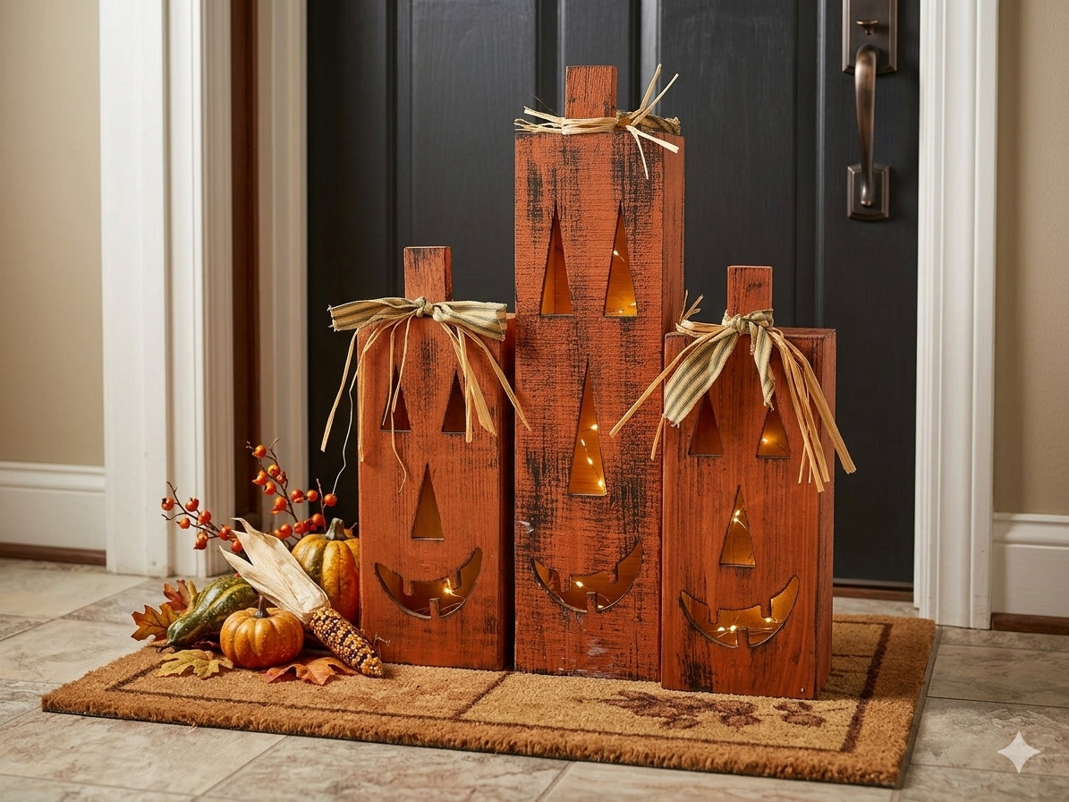 Rustic Wooden Jack-O‘-Lantern Trio Lighted Fall & Halloween Porch Decor