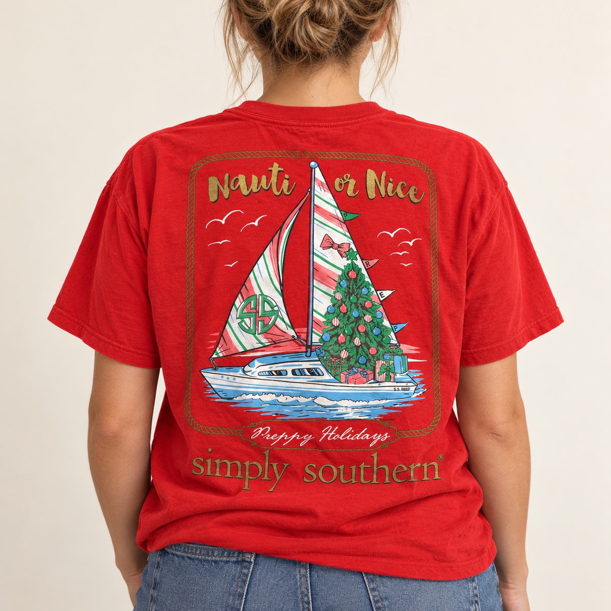 Simply Southern “Nauti or Nice” Christmas Sailboat Shirt – Red, Women’s XL