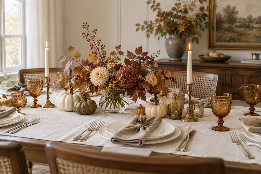 Classic and elegant fall table styling with ivory linens, candlelight, amber glass, flowers and pumpkins