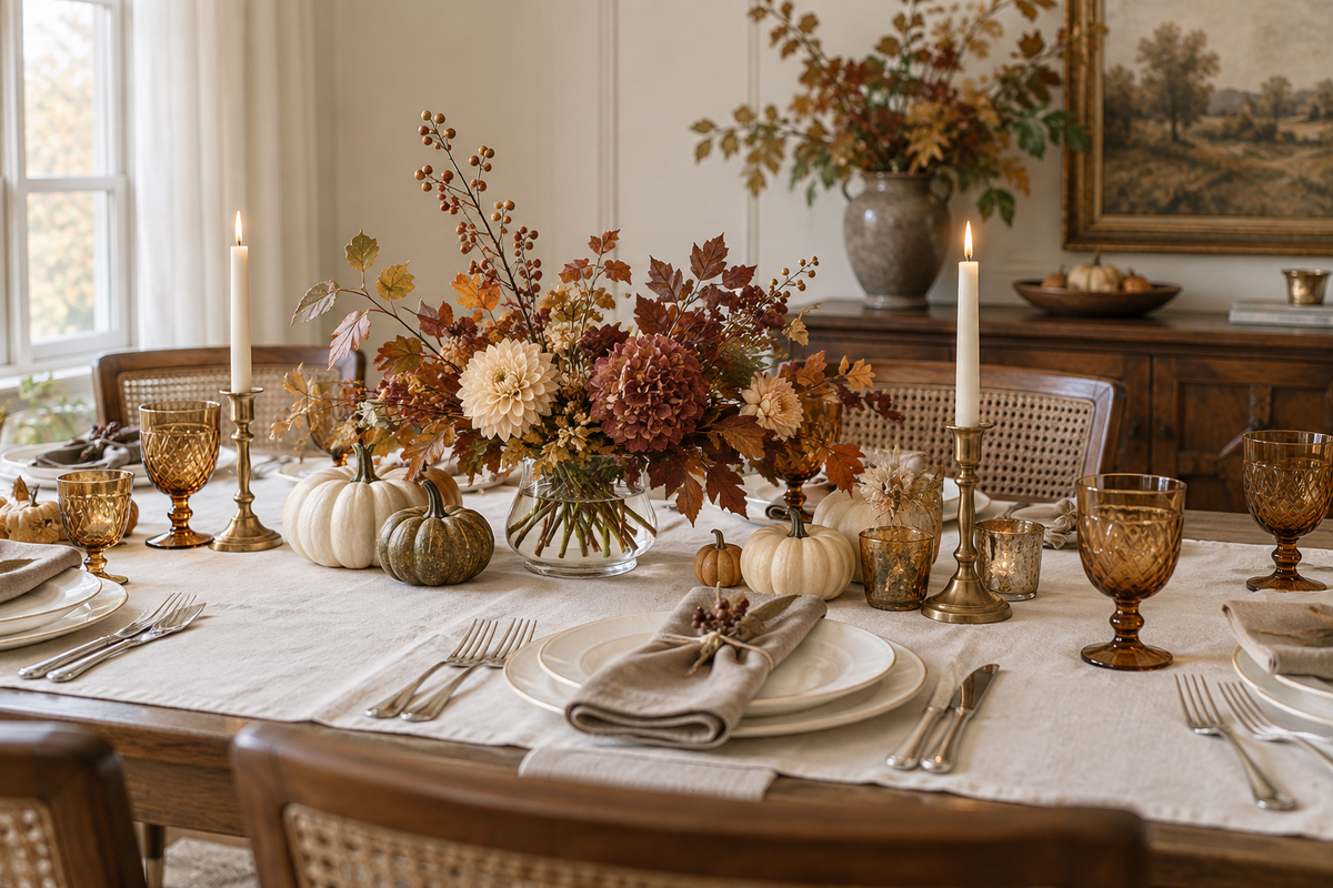 Classic and elegant fall table styling with ivory linens, candlelight, amber glass, flowers and pumpkins
