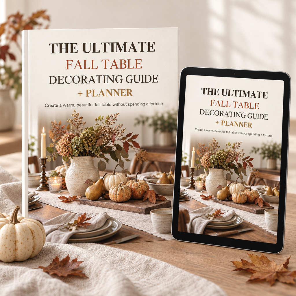 Fall table decorating guide booklet and tablet mockup with a warm rustic tablescape