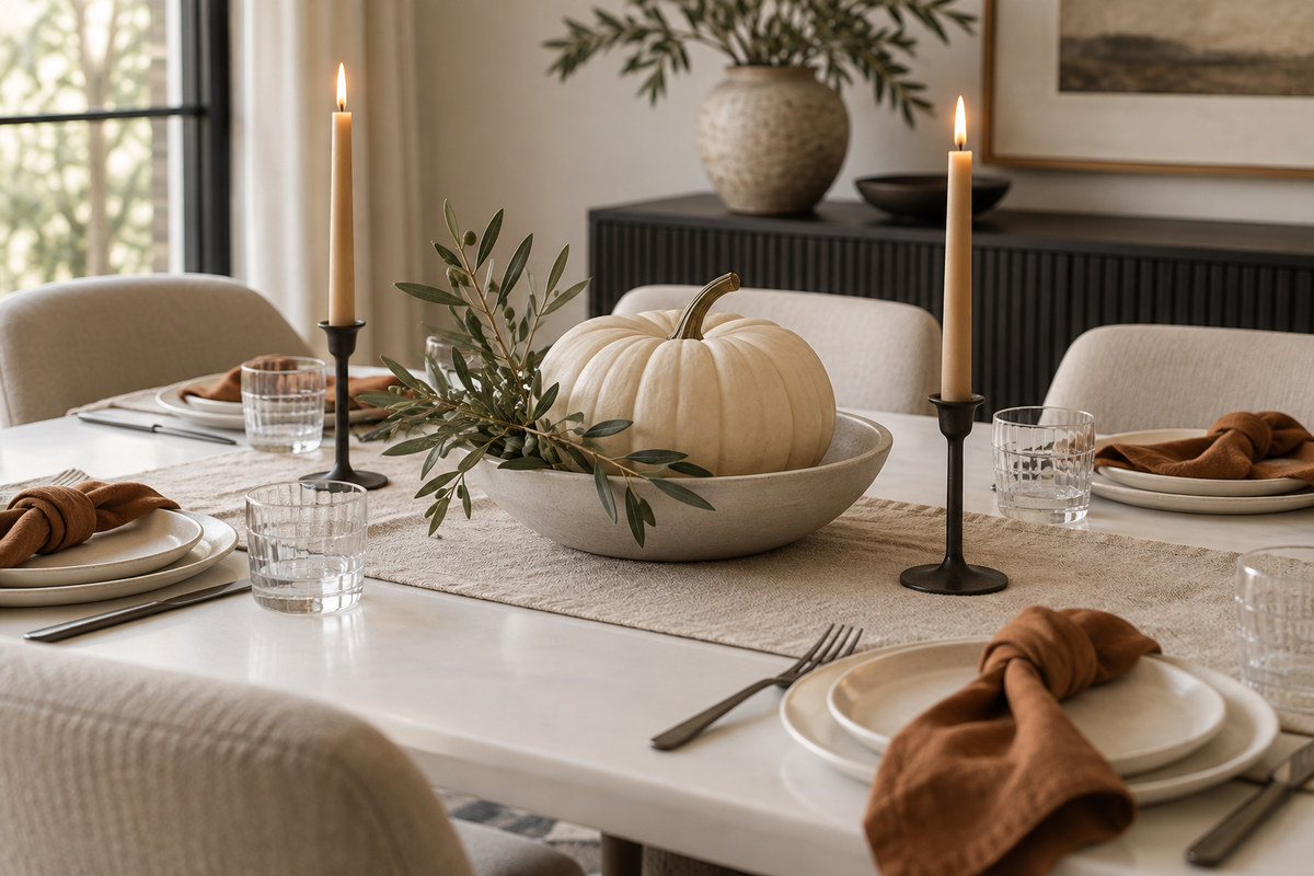 Modern simple fall table styling with neutral dishes, cinnamon napkins and a small pumpkin