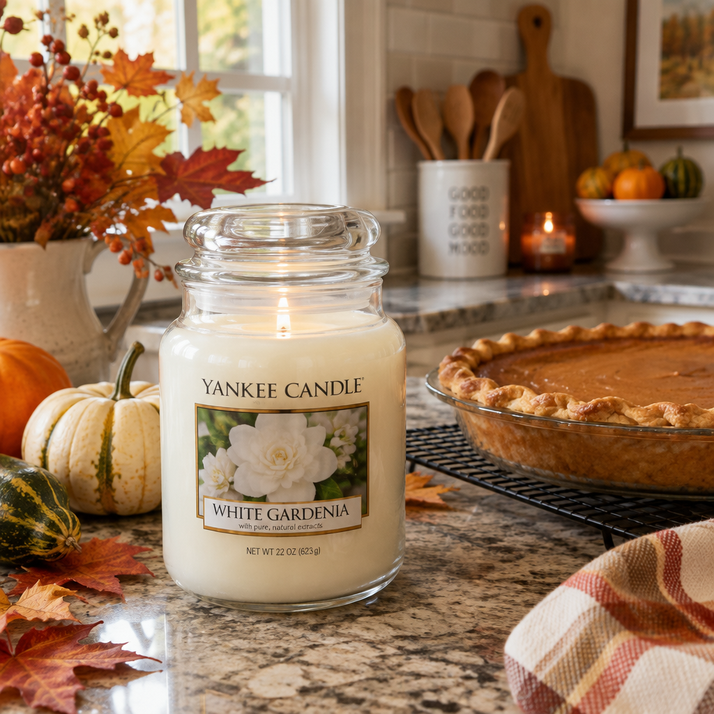 Yankee Candle White Gardenia on a cozy Thanksgiving kitchen counter