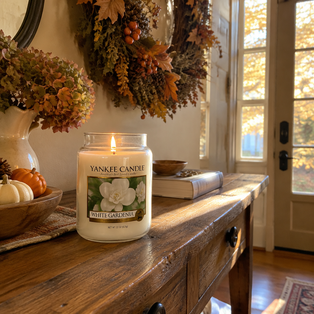 Yankee Candle White Gardenia on a rustic entryway table with fall wreath