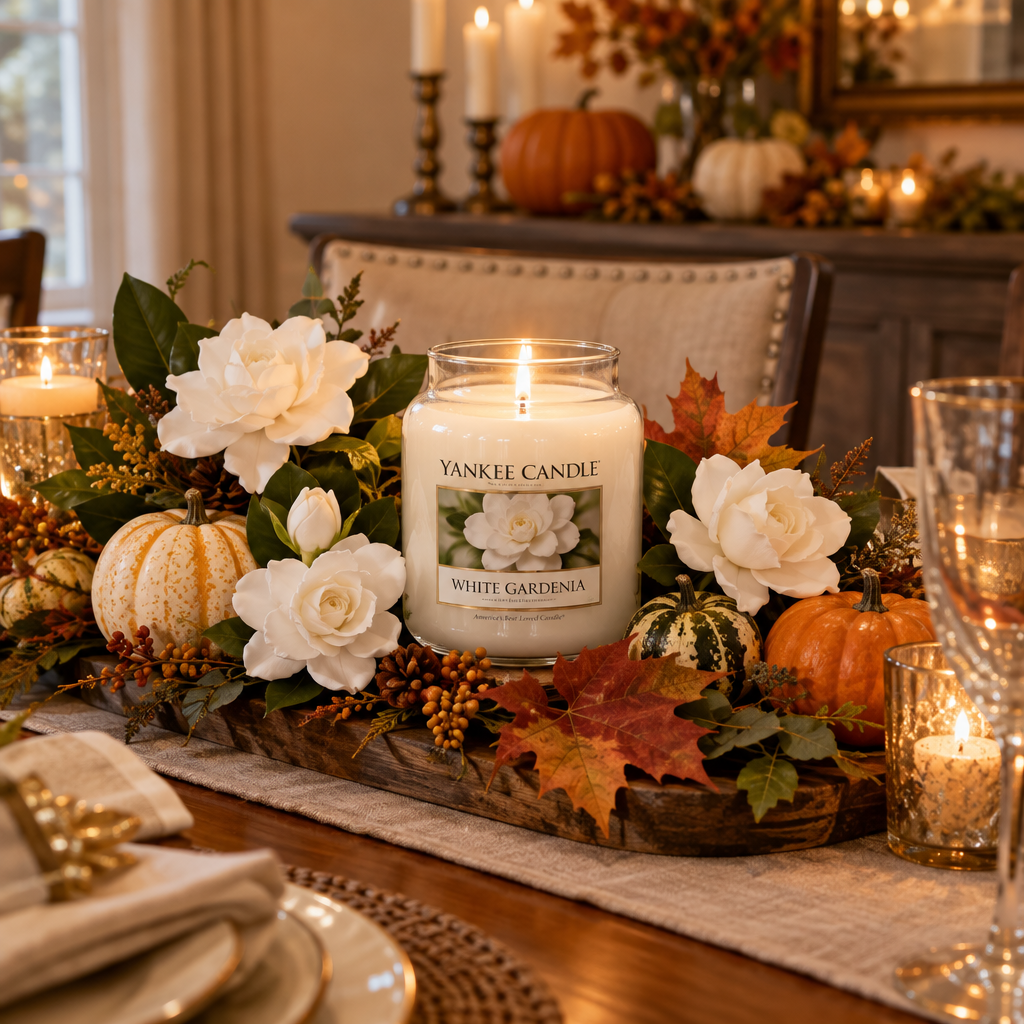 Yankee Candle White Gardenia on a fall dining table centerpiece